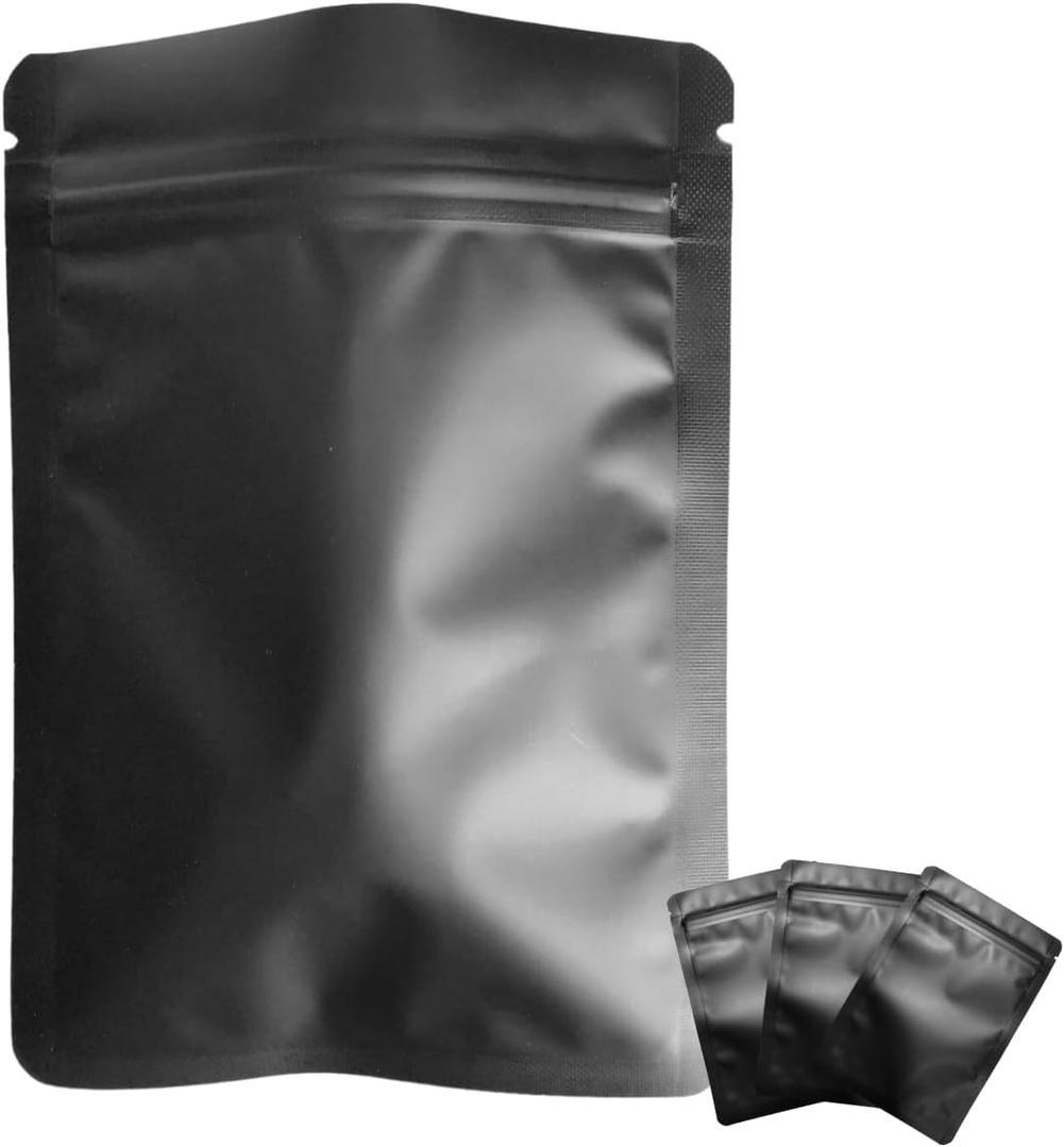 100 Pack Matte Black Mylar Bags - 4.3x6.3 Inches Resealable Smell Proof Foil Zipper Food Pouches - Sealable Flat Packaging Sample Pouch Bag