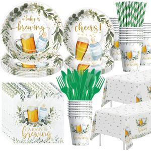 A Baby is Brewing Baby Shower Decorations Tableware, Beer And Bottle Table Decorations Supplies, Disposable Paper Plate, Napkin, Cup, Tablecloth, Cutlery, Serves 24