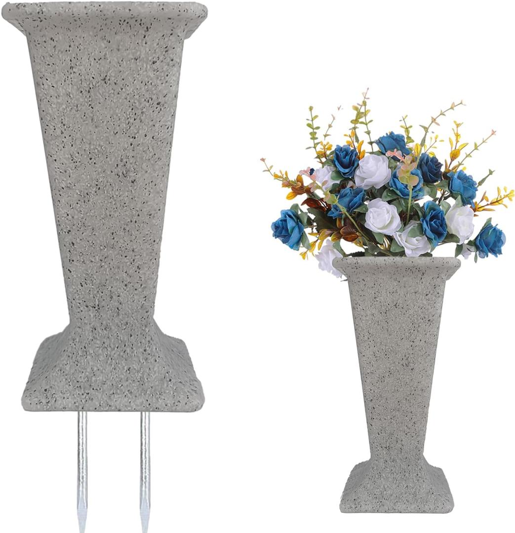Cemetery Vase for Grave Headstones with Metal Spike, Flower Pots for Outdoor Plants, Memorial Vases for Graves, White