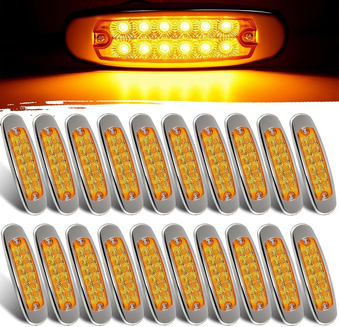 20Pcs Spyder 6.2" LED Marker Clearance Lights 12LED, 6.2" Rectangular Amber Trailer Truck Side Clearance Marker Lights Lamps Surface Mount Sealed w/Stainless Steel Rim Bezel