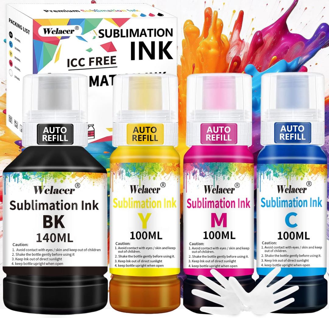 Sublimation Ink 440ML Autofill Bottles Refill for ET-2800 ET2400 ET-15000 ET-2803 ET-2850 ET2720 ET2760 ET2750 ET4800 etc.High-Yield Inkjet Printers Heat Press Transfer on Mugs (1bk/1c/1y/1m)