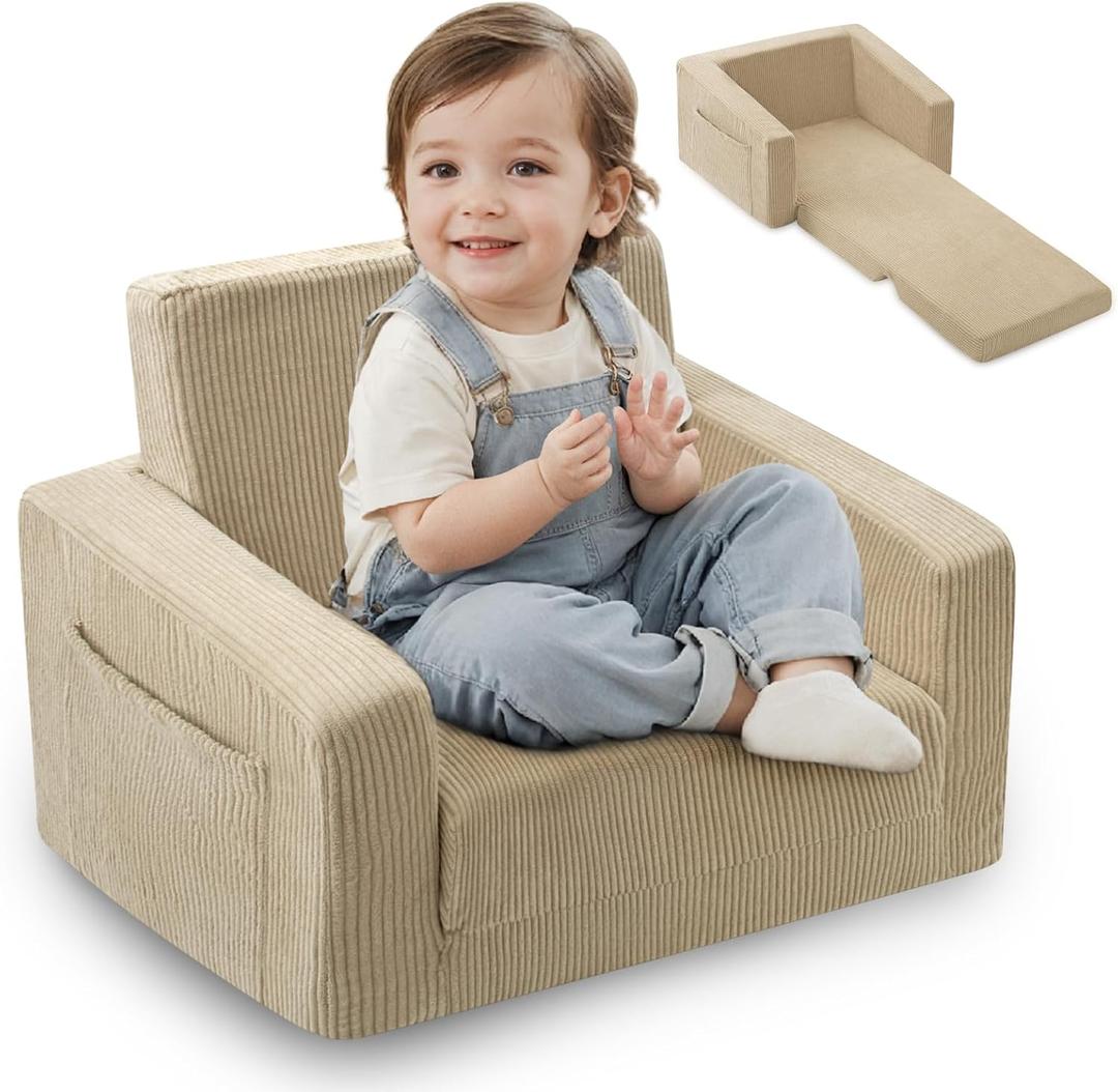 Toddle & Kids Chair,2-in-1 Soft Toddler Couches that Fold Out,Toddler Chairs Comfy 1-3 Years Old,Convertible Sofa to Lounge,Beige