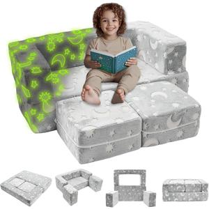Kids Couch, 4Pcs Toddler Sofa Bed, Dark Grey | Glow-in-The-Dark, Chair Seat, Playroom Furniture, Child Sectional, Removable Cover, for Girls & Boys, 4Pack