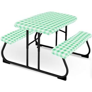 Moukeren 3 Pieces Picnic Table Cover for Kids with Bench Covers Fitted Tablecloth for Outdoors Vinyl Waterproof Cloth for Camping Home Goods Indoor Outdoor Patio BBQ(Green and White Plaid)
