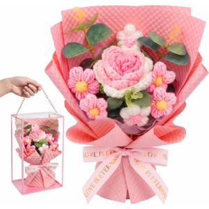Crochet Flower Bouquet, Artificial Flowers Gifts for Women, Knitted Floral Rose, Mothers Day Anniversary Birthday Gift for Her Wife Lover Friends, Forever Handmade Crochet Flowers Bouquet (Pink)