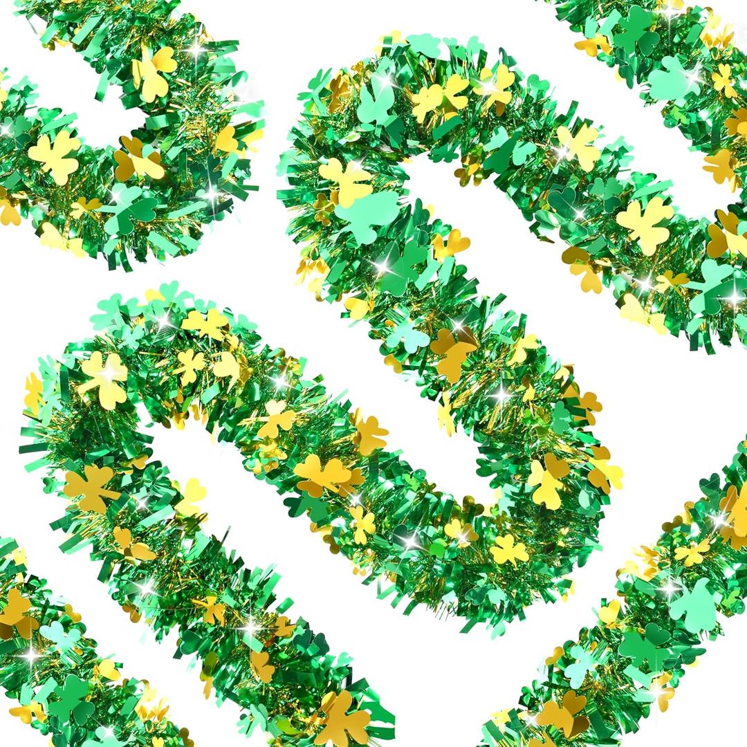 50FT St. Patrick's Day Tinsel Garland Shamrock Clover Green Gold Metallic Tinsel Twist Garland for Irish Saint Patricks Day Party Home Decor Indoor Outdoor Decoration