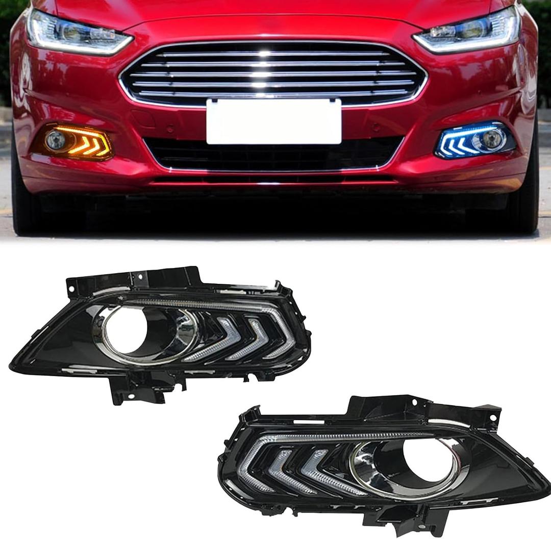 LED Front Bumper White Daytime Running Lights (DRL) Amber Turn Signal Lights Blue Low Beam Headlights Fog Lights Compatible with Ford Fusion 2013-2016