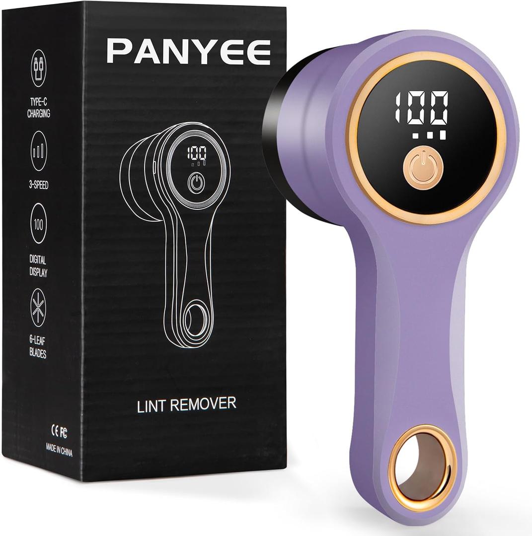 Rechargeable Fabric Shaver, Electric Lint Remover with Digital Display,Portable Sweater Defuzzer with 3 Speeds,6 Leaf Blades, Lint Shaver for Clothing,Furniture, Sofa,Sweater,Blanket (Purple)