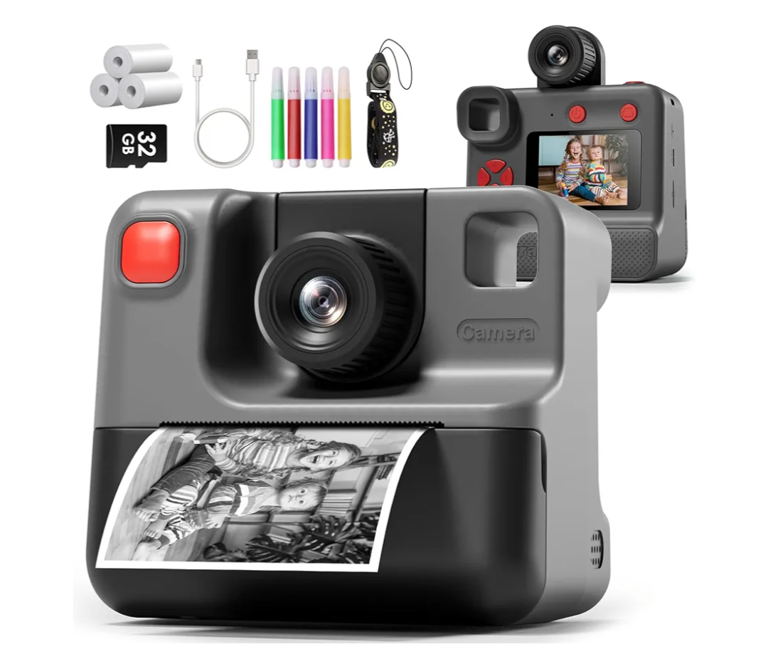Instant Print Camera for Kids, 1080P Kids Instant Cameras,HD Digital Video Cameras Toddler 3 Print Paper & 32G Card,Christams Birthday Gifts for Girls Boys Age 3-12 (Black)