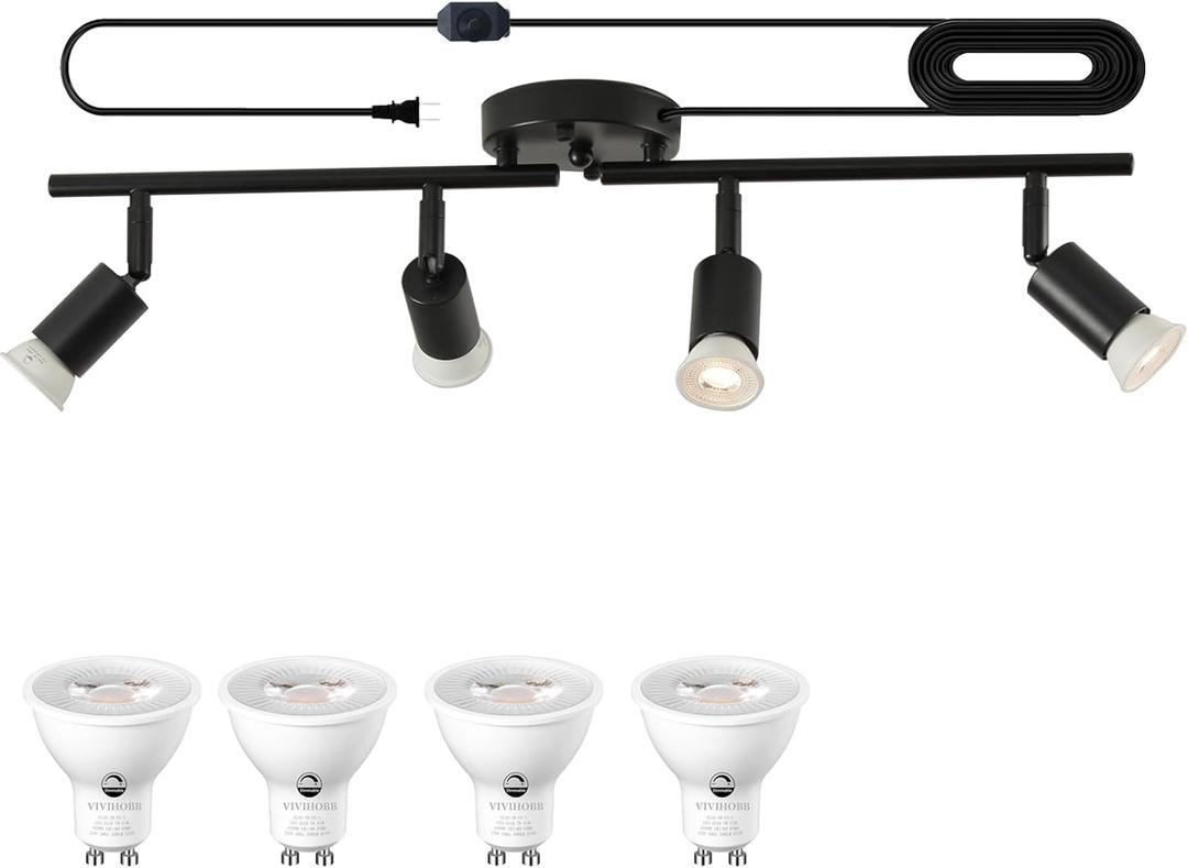 Dimmable 4 Light Black Plug in Track Light White Plug in Ceiling Lighting Fixture with 16.4' Long Cord,4 Way Ceiling Spotlight,Rotatable Wall Mount Light Head,LED dimmable Spot Bulbs Included