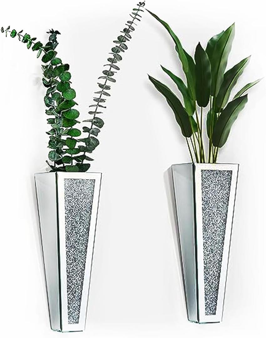 Crystal Wall Vase Hanging Flower-vase - Silver Crushed Diamond Mirrored Container Flower Vase Home Decor for Living Room, Dining Room, Bedroom, Set of 2 11.2 Inch High Wittolins