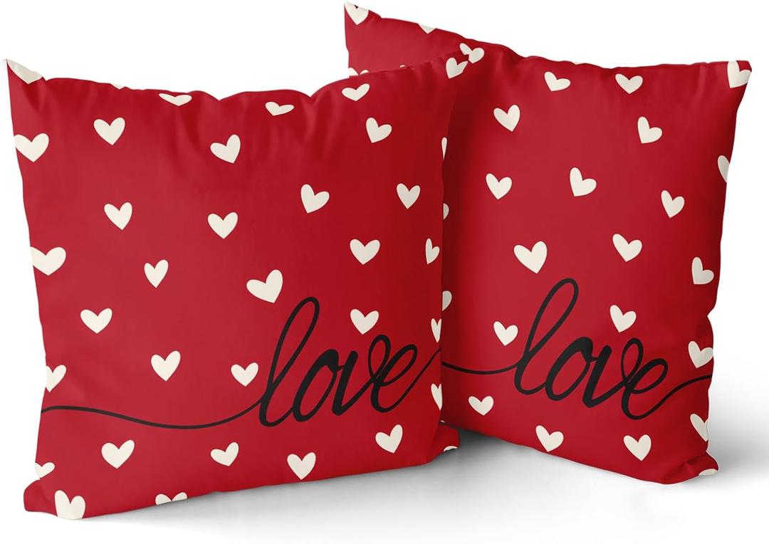 Giwawa Valentines Day Pillow Covers Set of 2 Red White Love Hearts Throw Pillowcases Romantic Double Sided Decorative Cushion Covers 18x18inch for Sofa Couch Bedding Wedding