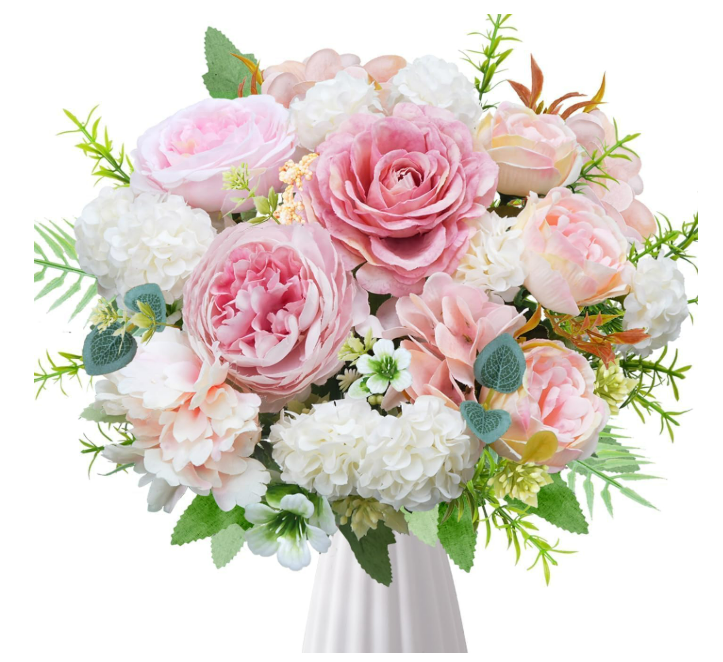 7pcs Fake Flowers for Decoration Small Silk Flowers for Home Decor Indoor Real Touch Artificial Flower Rose Peony for Farmhouse Boho Wedding Baby Shower Table Funeral Cemetery Decoration Pink