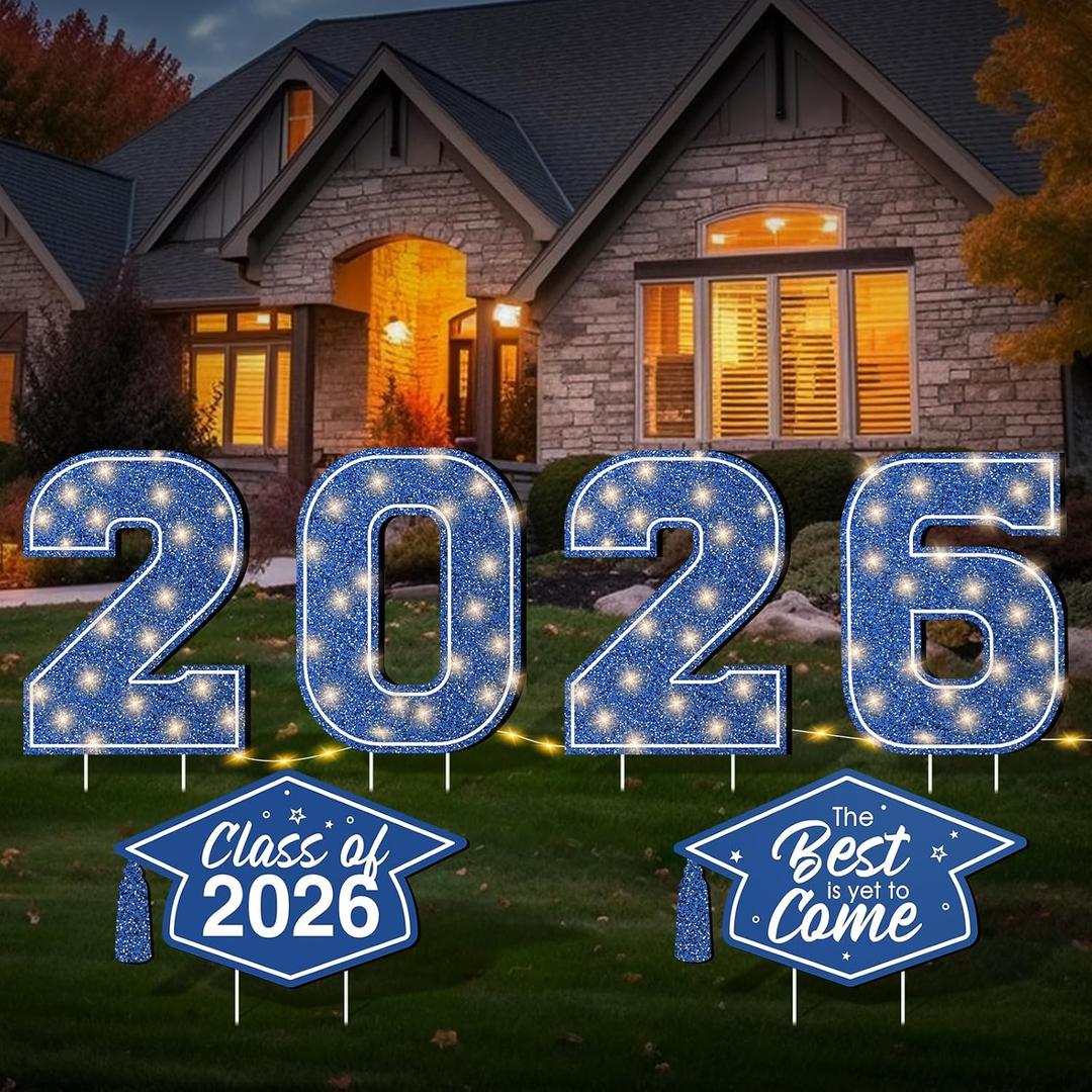 2026 Graduation Yard Sign Decorations with LED String Light, Large 2026 Yard Signs with Stakes Class of 2026 Light Up Lawn Yard Signs for Outdoor Congrats Grad Party Pathway Decor SuppliesBlue
