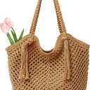 Peicees Crochet Beach Tote Bag For Women 2025 Bohemian Shoulder Bag Purse With Leak-Proof Lining for Summer Vacation Travel (Khaki)