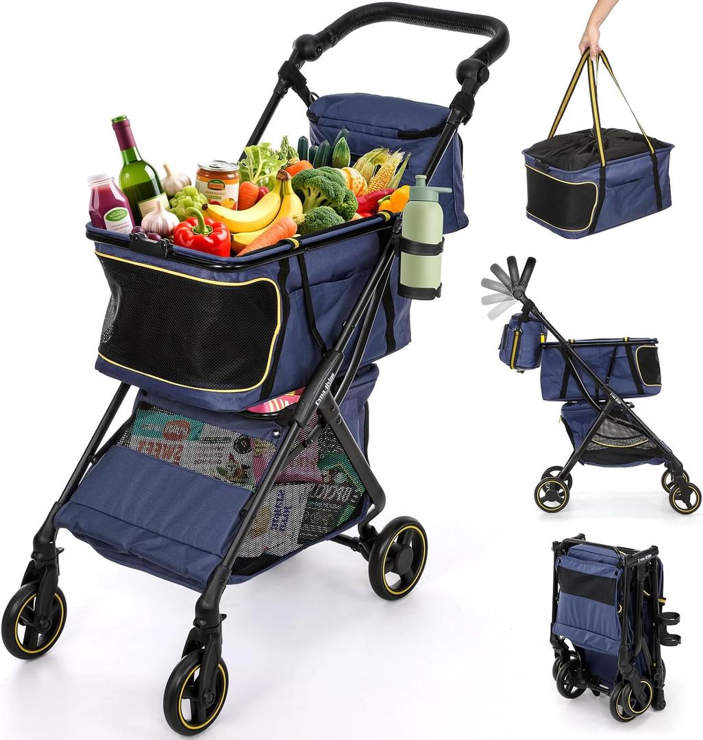 Dyna-Living Collapsible Shopping Cart Adjustable Handle Personal Shopping Cart for Groceries, 70lbs Load-Capacity, Lightweight Aluminum Frame Foldable Utility Shopping Push Stroller with Wheels