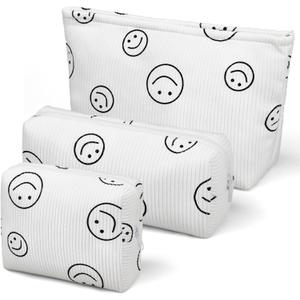 3 Pieces MakeUp Bag Cosmetic Bag,Travel Makeup Bag Set,Cute Smiley Corduroy Make Up Purse with Zipper,Beige White Pencil Pouch,Small Makeup Pouch,Aesthetic Preppy Stuff
