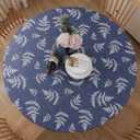 Round Vinyl Fitted Tablecloth, Waterproof Elastic Table Covers Wipeable Flannel Backed Tablecloths for Picnic Camping Indoor and Outdoor (Leaf,Prussian Blue, Fits 57" to 65" Diameter Tables)