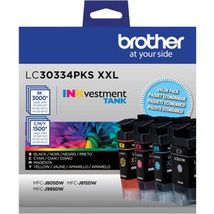 Brother Genuine LC30334PKS 4-Pack, Super High-Yield INKvestment Tank Ink Cartridges; Includes 1 Cartridge Each of Black, Cyan, Magenta & Yellow, Page Yield Up to 1,500 Pages/Cartridge, LC3033