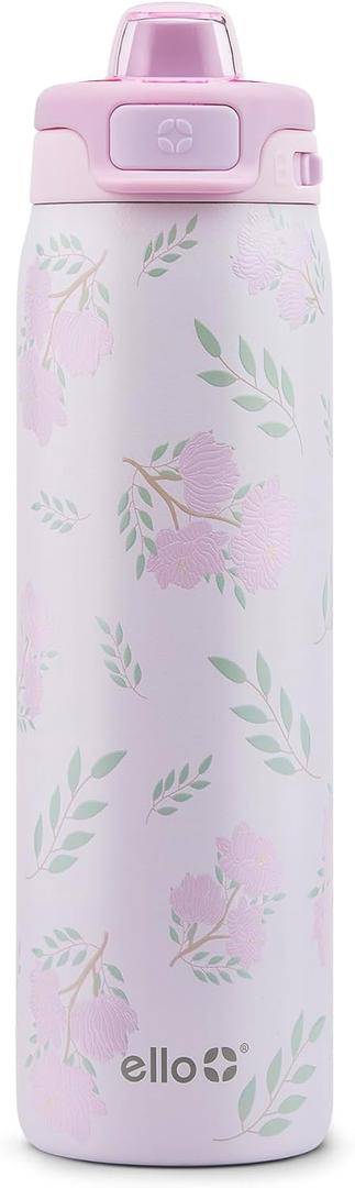 Ello Pop & Fill 22oz Stainless Steel Water Bottle with QuickFill Technology, Double Walled and Vacuum Insulated Metal, Leak Proof Locking Lid, Straw and Chug, Reusable, BPA Free, Blossom Bliss