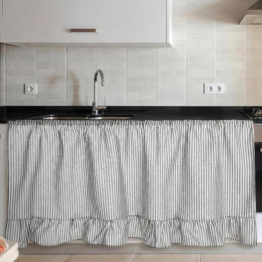 VitalCozy Cabinet Curtain 28" W x 51" L Grey Ruffles Sink Skirt for Bathroom Kitchen Grey Strips Short Curtain for Home Classroom Drape Under Desk Privacy Drape for Laundry Room