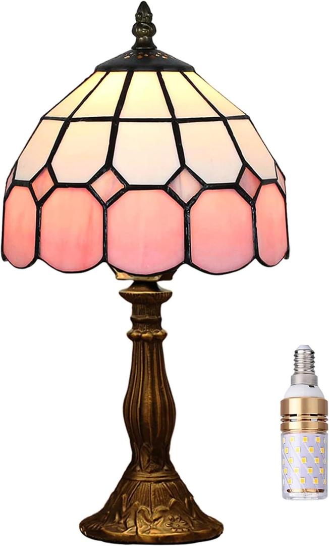 Table Lamp Tiffany-Style 8 Inch Mediterranean Series Stained Glass Lampshades Small Bedside Lamp Reading Antique Desk Light Livingroom Bedroom Office Vintage Art De(Color:Pink)