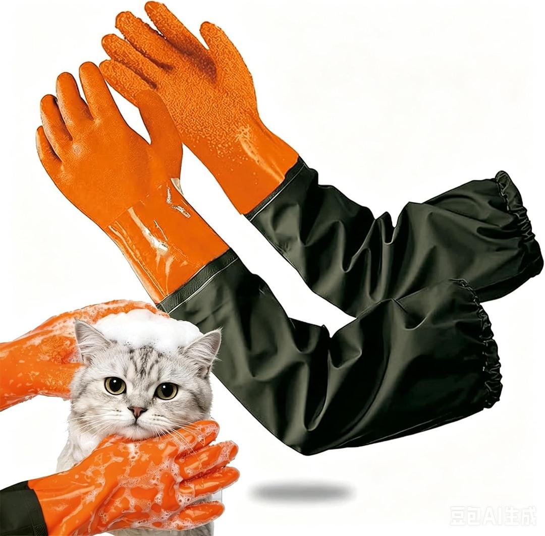 YOFANG Pet Grooming Washing Gloves,27.2" Extra Long Waterproof Rubber Bathing Gloves for Dogs & Cats,Anti-Bite & Anti-Scratch Hair Removal Cat Bath Gloves with 3000+ Massage Particles,Orange/Green
