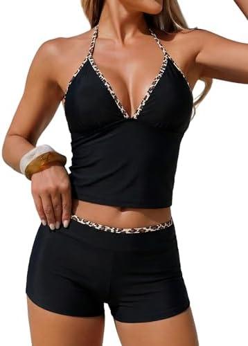 ZAFUL Women’s Tankini Swimsuits V Neck Halter Top with Boyshorts Bottom Tummy Control Two Piece Bathing Suit M