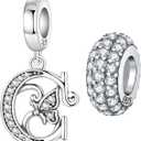 2 Pack 925 Sterling Silver Butterfly Letter Charms for Bracelets and Necklace Alphabet Initial Dangle Pendants Round Spacer Beads Pave Cubic Zirconia Jewelry Gift for Women