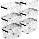 Plastic Storage Bins, Lidded Storage Box with Wheels for Home Office Dorm, Wheeled, Stackable, Clear, 85Quart-6 Pack