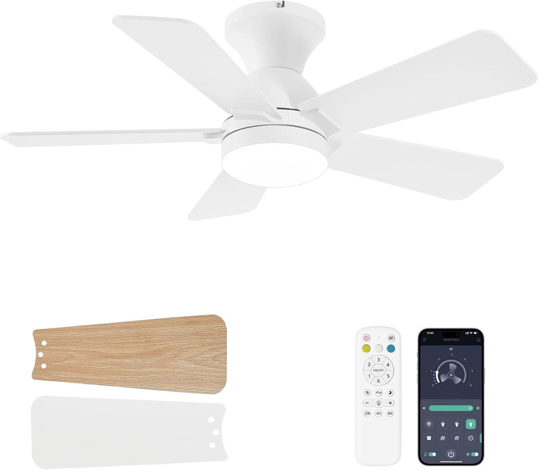 Ceiling Fans with Lights, 36 Inch Low Profile Ceiling Fan with Light and Remote Control, Flush Mount, Reversible, 3CCT, Dimmable LED, Quiet, White Ceiling Fan for Bedroom, Kitchen, Office