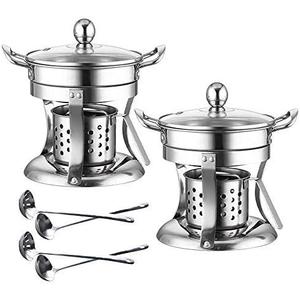 Shabu hot pot Stainless Steel Chafing Dishes hotpot single Mini cooking pot Cookware Non-Magnetic Burner with 2 spoons