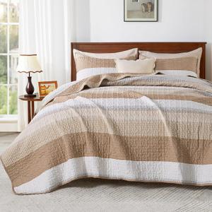 Andency Taupe Striped Quilt Queen(90x96Inch), 3 Pieces (1 Striped Quilt and 2 Pillowcases) Patchwork Bedspread Coverlet Set, Soft Microfiber Lightweight Quilted Bedding Set