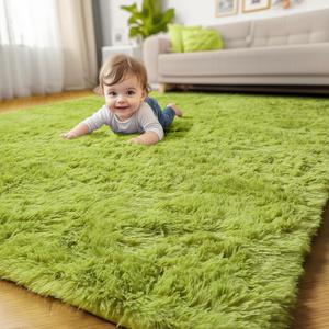 Grass Green Rugs for Bedroom, Fluffy Shag Area Rug 4x6 for Kids Room Living Room Baby Nursery Decor Aesthetic, Cute Furry Cool Shaggy Throw Bedside Fuzzy Plush Moss Carpet for Dorm Classroom Playroom