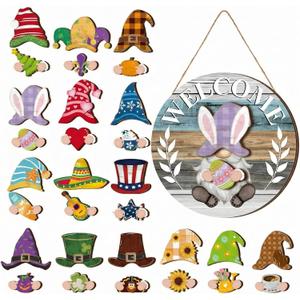 Qunclay Interchangeable Wooden Gnome Decor Holiday Seasonal Gnome Decorations with Magnet Pieces and Detachable Hats Changeable Welcome Sign for Home (Antique Style)
