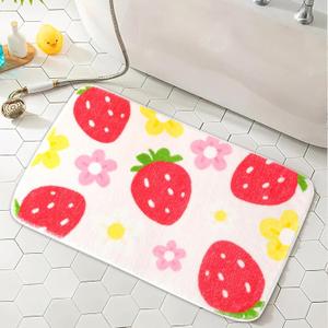FEBSNOW Cute Strawberry Flower Bath Mat, Funny Colorful Non Slip Bathroom Rugs Bathroom Accessories, Machine Washable Absorbent Door Mats Tub Shower Bath Rug for GirlsBeige, 27.56 x 16.5 inch