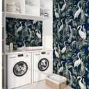 ReWallpaper 17.5in X 39ft Peel and Stick Wallpaper Vintage Dark Botanical Wall Paper Removable Navy White Crane Wallpaper for Bathroom Bedroom Living Room Self Adhesive Renter Friendly Contact Paper