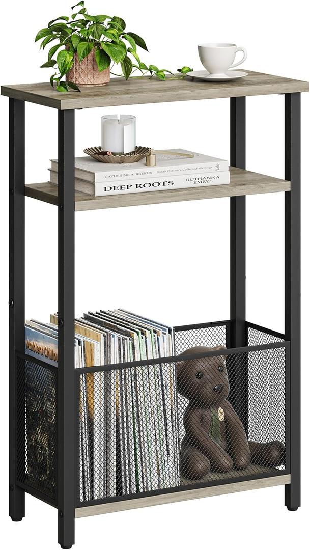 MMEOLUOOK Narrow Side Table with Storage Basket Skinny End Tables for Smalls Spaces 3 Tier Sofa Table Small Nightstand Slim Bedside Table for Living Room Bedroom Oak MLBZ22Q