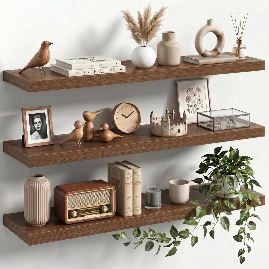 36" Floating Shelves for Wall, Set of 3, 8" Deep, 1.5" Thick, Walnut Finish, 36"L x 8"D x 1.5"H, 3Pack