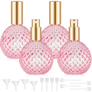 4 Pack 3.4oz 100ml Pink Glass Perfume Atomizers Bulk, Refillable Vintage Travel Cologne Spray Bottles Empty for Women with Leak-proof & 3 Kinds of Dispenser for Cosmetic Liquids, Elegant Home Decor