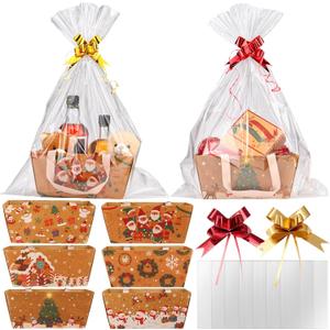 Eaasty 24 Pack Christmas Baskets for Gifts Empty Bulk 9.8'' x 6.5'' x 4.3'' Kraft Empty Gift Basket Kit with Handle Wrapping Bag Bow Sturdy Market Tray to Fill for Christmas Party Favor