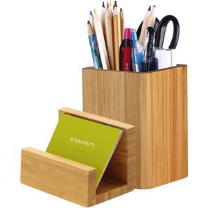 Enyuwlcm Bamboo Wooden Pen Holder Cup and Desk Business Card Holder Stand for Office Home School 2 Packs