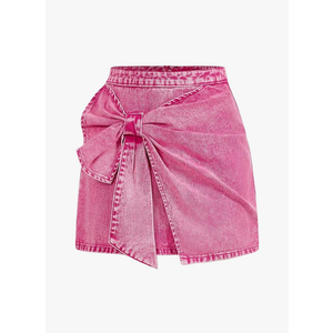 Floerns Women's Plus Size High Waist Denim Skirt Wrap Front Bow Bodycon Mini Skirt, size-S