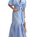 utcoco Women's 2026 Summer Casual Striped Button Down Maxi Dress Tie Waist Short Sleeve Shirt Dress with Pockets (Blue)