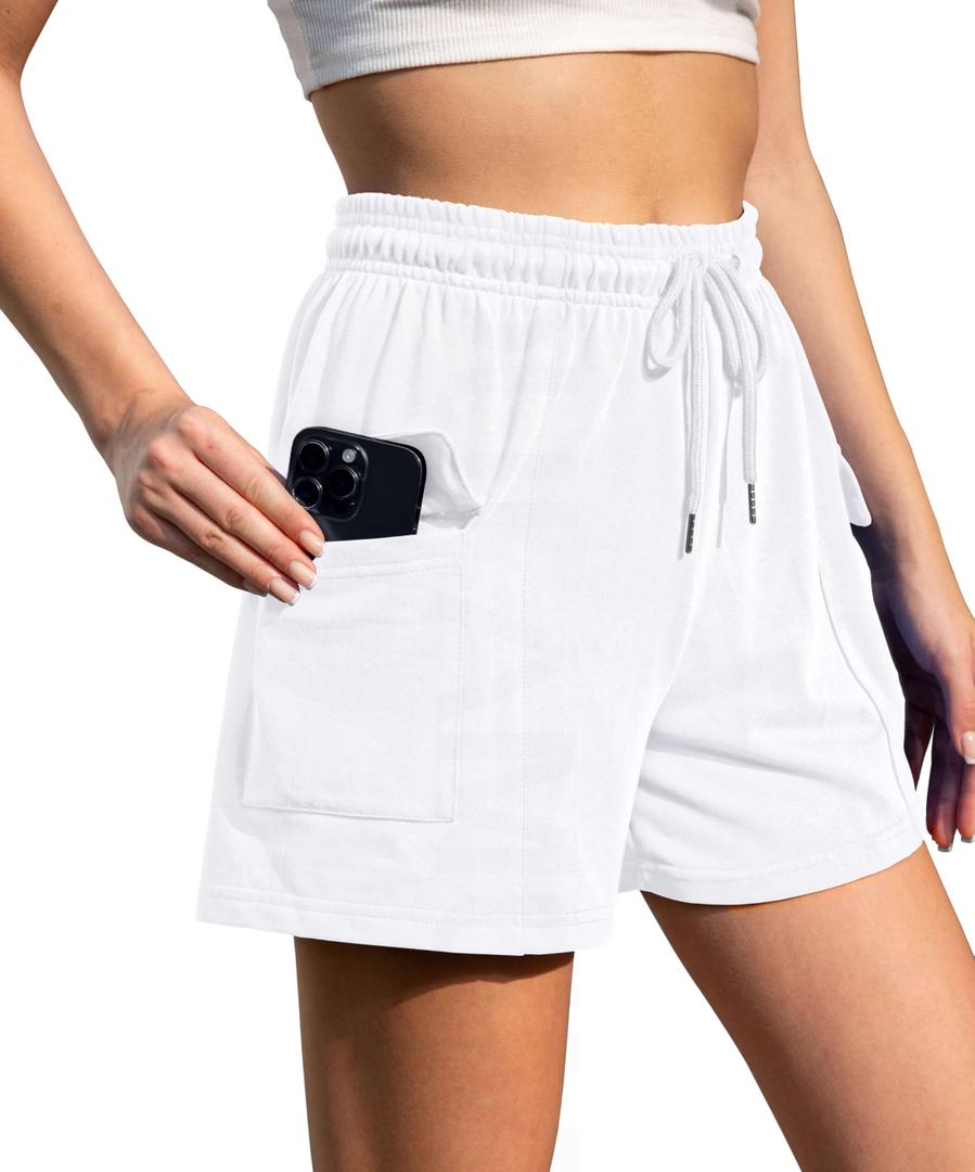 Ladies Cotton Cargo Sports Shorts in Summer Soft and Sweat Absorbing Feature Pockets and Drawstring for Comfort White