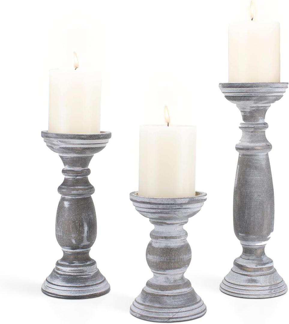 Rustic Wooden Pillar Candle Holders Set of 3, 12'' 9'' 6'' Farmhouse Wood Candle Stand for Table Centerpieces, Vintage Tall Candleholders Fireplace Mantel Decor for Living Room, Grey