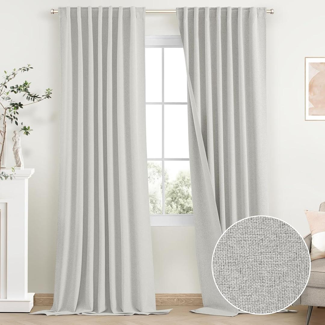 SimpleHome 100% Blackout Linen White Curtains 108 Inch Length,Farmhouse Back Tab Living Room Curtains,Textured Rod Pocket Bedroom Curtains,2 Panels,52" W x 108" L