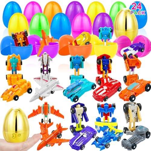[1 Gold Egg] 24 Pack Prefilled Easter Egg Filled with Transform Car Robot Toys, 24 Eggs + 24 Car Robot Toys for Kids, Easter Basket Stuffers Classroom Exchange for Boys 24 Vehicle Party Favor Egg Hunt