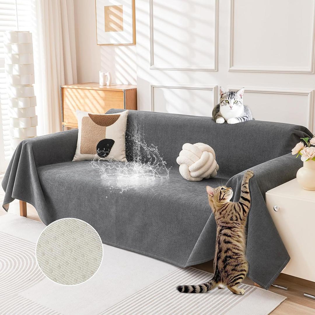 Deep Dream Cat-Scratch Resistant Couch Cover, Waterproof Sofa Cover for 3 Cushion Couch Washable, Pet Friendly Couch Protectors Anti Slip Thickened Sofa Slipcovers for Dogs Pets, 91" x 134", Grey
