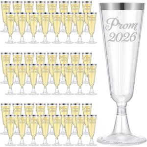 Jingmore 48 Pack Prom 2026 Plastic Graduation Champagne Flutes 5 oz Disposable Graduation Cocktail Cups Transparent Mimosa Glasses Party Favors Drinkware for Graduate Party(Prom 2026,Silver)
